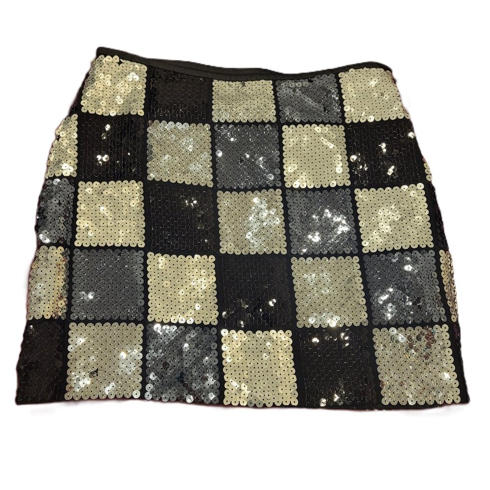 Black and Silver Checkered Sequin Mini Skirt Size 6 Y2K